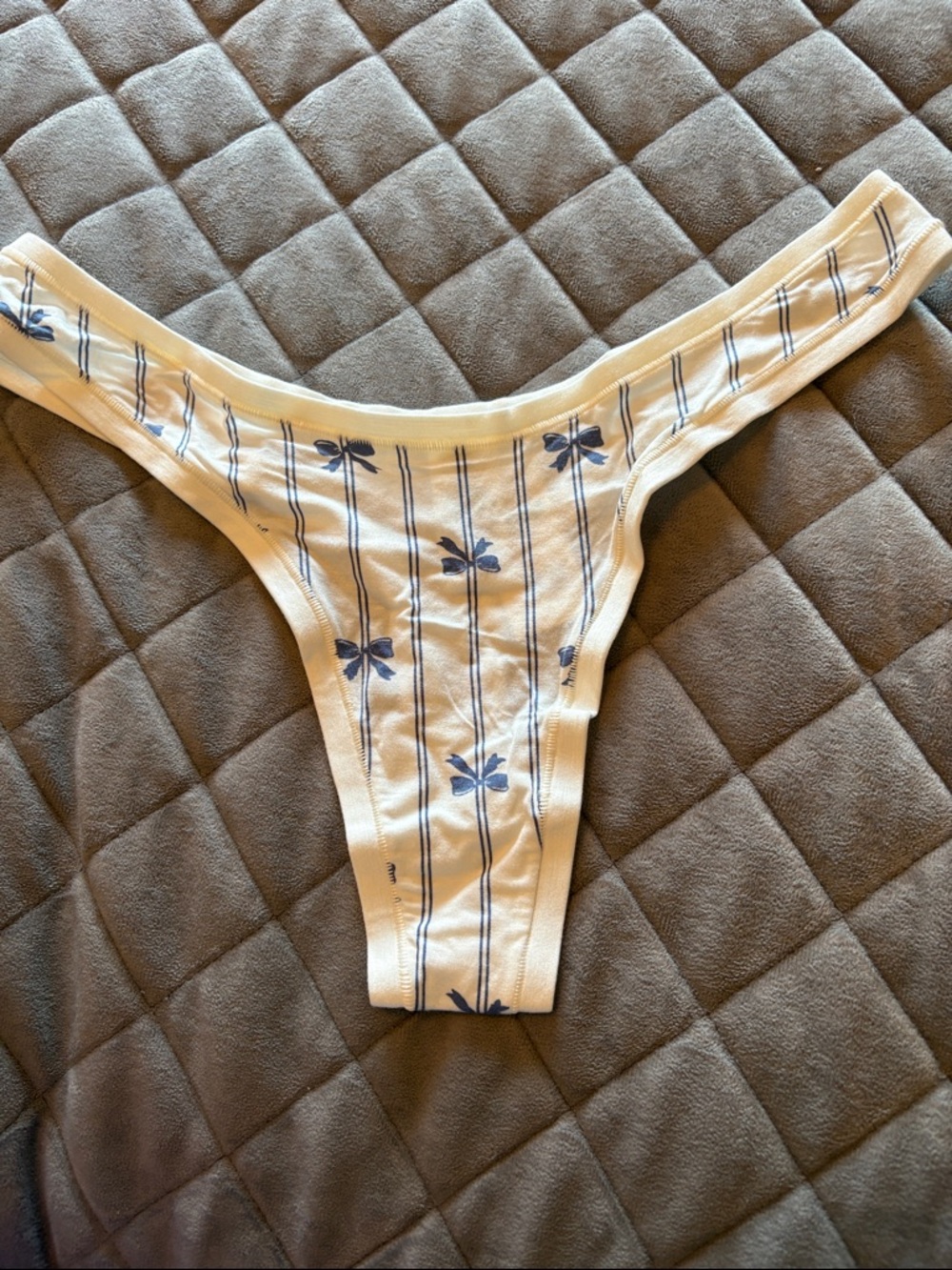 White Thong with Blue Floral Stripe and bows. Modal medium